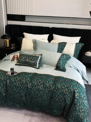 Vintage Luxury Feather Jacquard Patchwork Egyptian Cotton 1000TC Embroidered Bedding Set